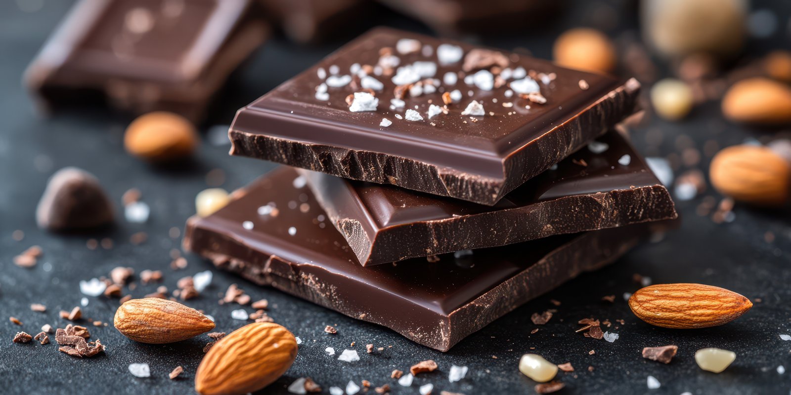 Dark chocolate squares with sea salt sprinkled on top and almonds scattered around on a dark surface